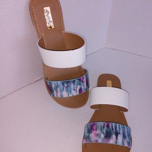 Qupid Blue Tie Dye Sandals Double Straps Slides Multicolor and White NIB